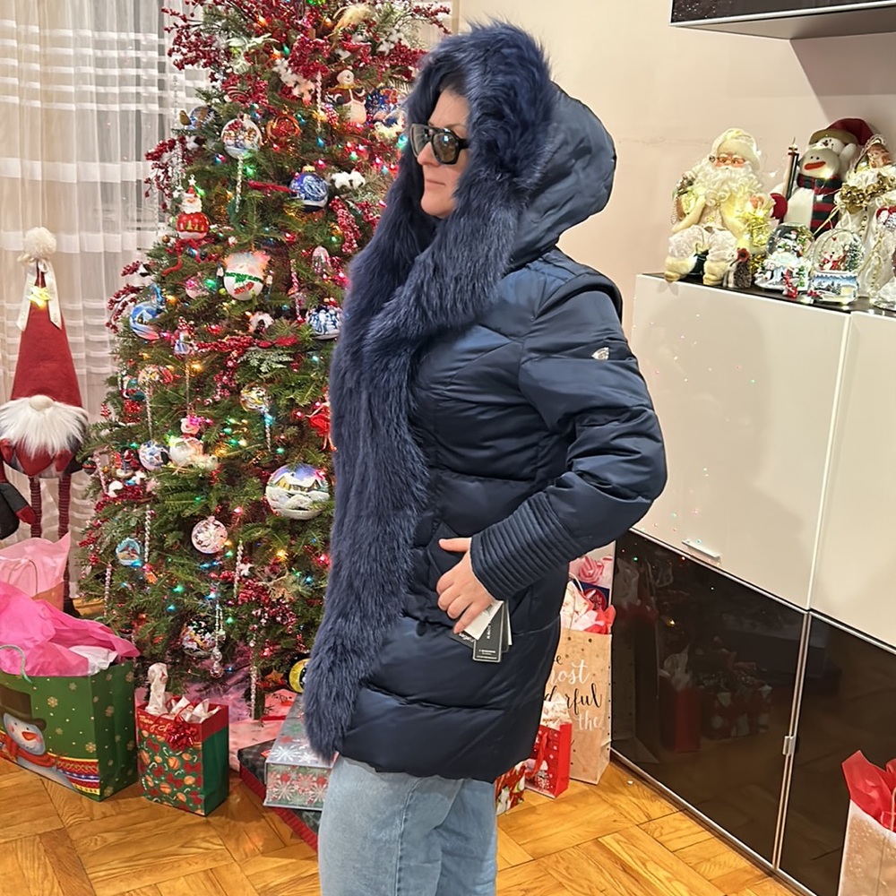 1 Madison Fox Fur-Packet Puffer Coat in Navy New With Tags